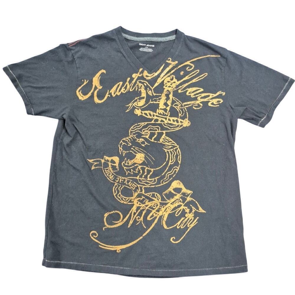DKNY JEANS Black cotton T-shirt Gold East Village design V-Neck Men  L NWOT